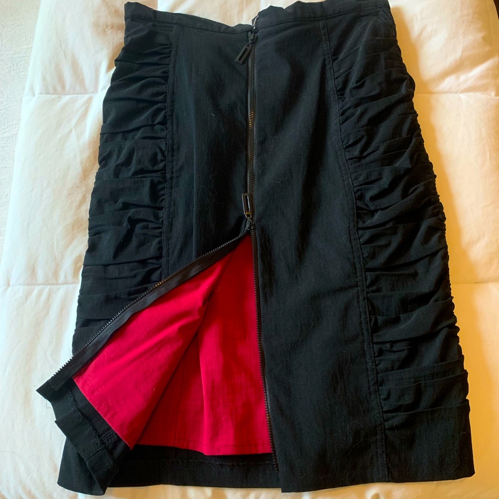 Ruched, back zipper skirt with bright red lining. Custom made/one of a kind.